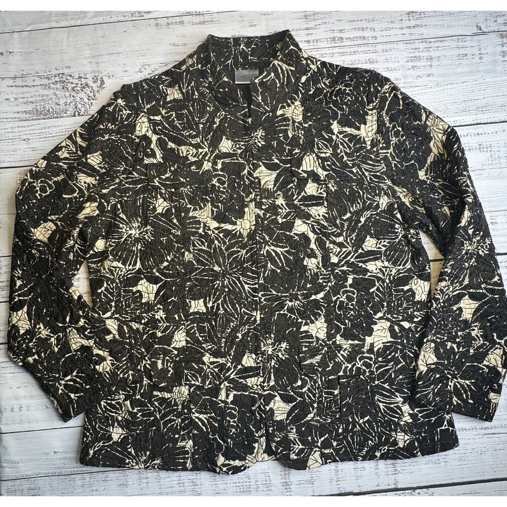 Chicos Womens Floral Cream & Brown Jacket Embroidered All Over Size 3 Women’s 16